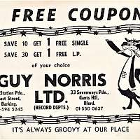 Guy Norris Ltd was a well-known record shop based at 13, Station Parade, Barking. It was described as a quality multiple retail organisation and was established in 1958 by Guy Michael Norris (1935-2008). The company had branches in Barking, Southend, Wandsworth, Gants Hill, East Ham, Ashford and Dartford. Stock ranged from ‘pop’ to Perotin and in between. The Barking Record Department was open 9-5.30pm (not Thursday). A monthly easy guide listing of new album releases and recordings was issued. They advertised in newspapers and had mail order for pop, jazz, classical etc. The shop was apparently a great source of punk music. The Barking shop once employed Billy Bragg, the Barking Bard. The images show a selection of advertising ephemera.
Incidentally Perotinus Perotin (1160-1230) was a late 12th century composer, associated with the Notre Dame school of polyphony in Paris and the antiqua musical style